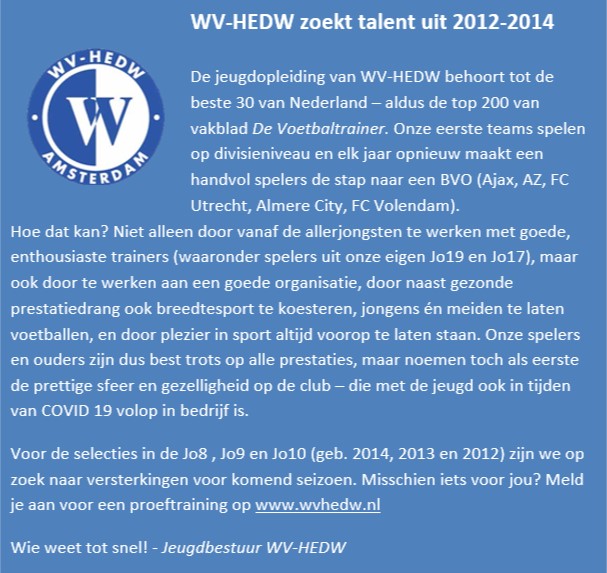 Talenten voor JO8, JO9 en JO10 gezocht